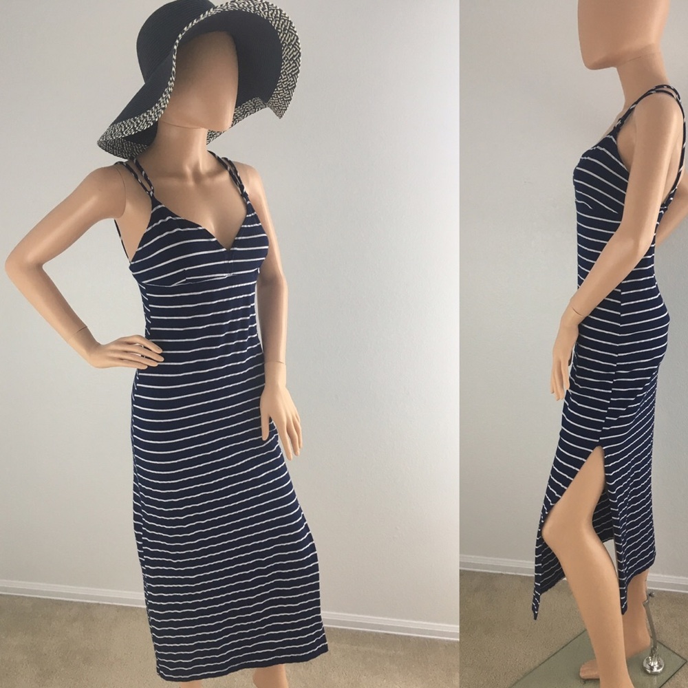Striped Navy Maxi Dress with Side Slit